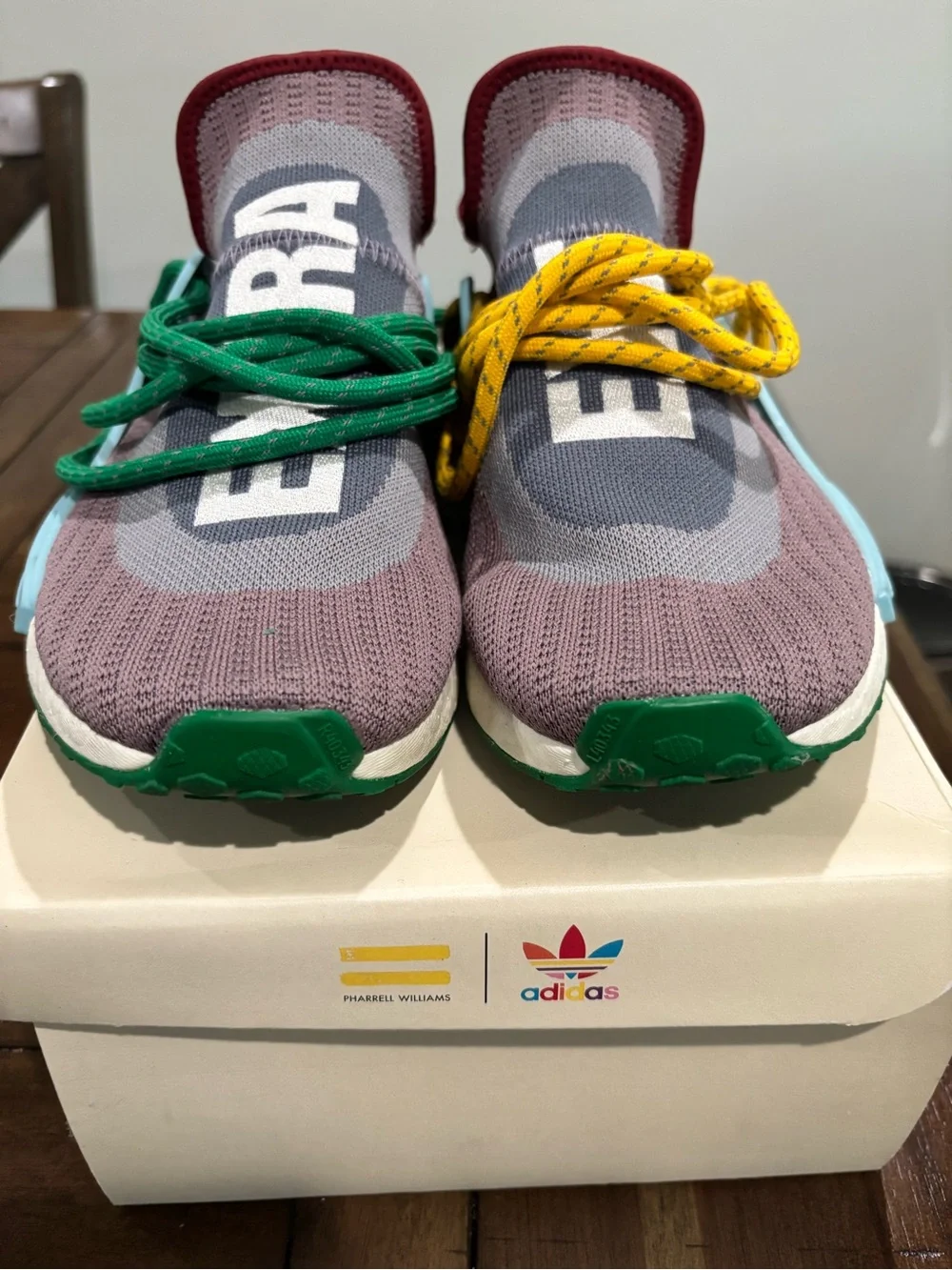 adidas Mens Purple Knit Sneakers with Green and Yellow Laces